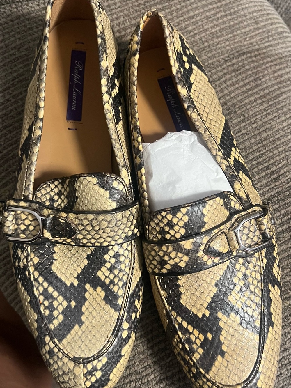 Ralph Lauren Yellow and Black Snake-Print Loafers with Metal Bit